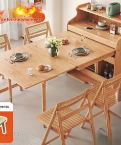Nordic Foldable Dining Table | Extendable Solid Wood Table with Side Cabinet for Small Homes